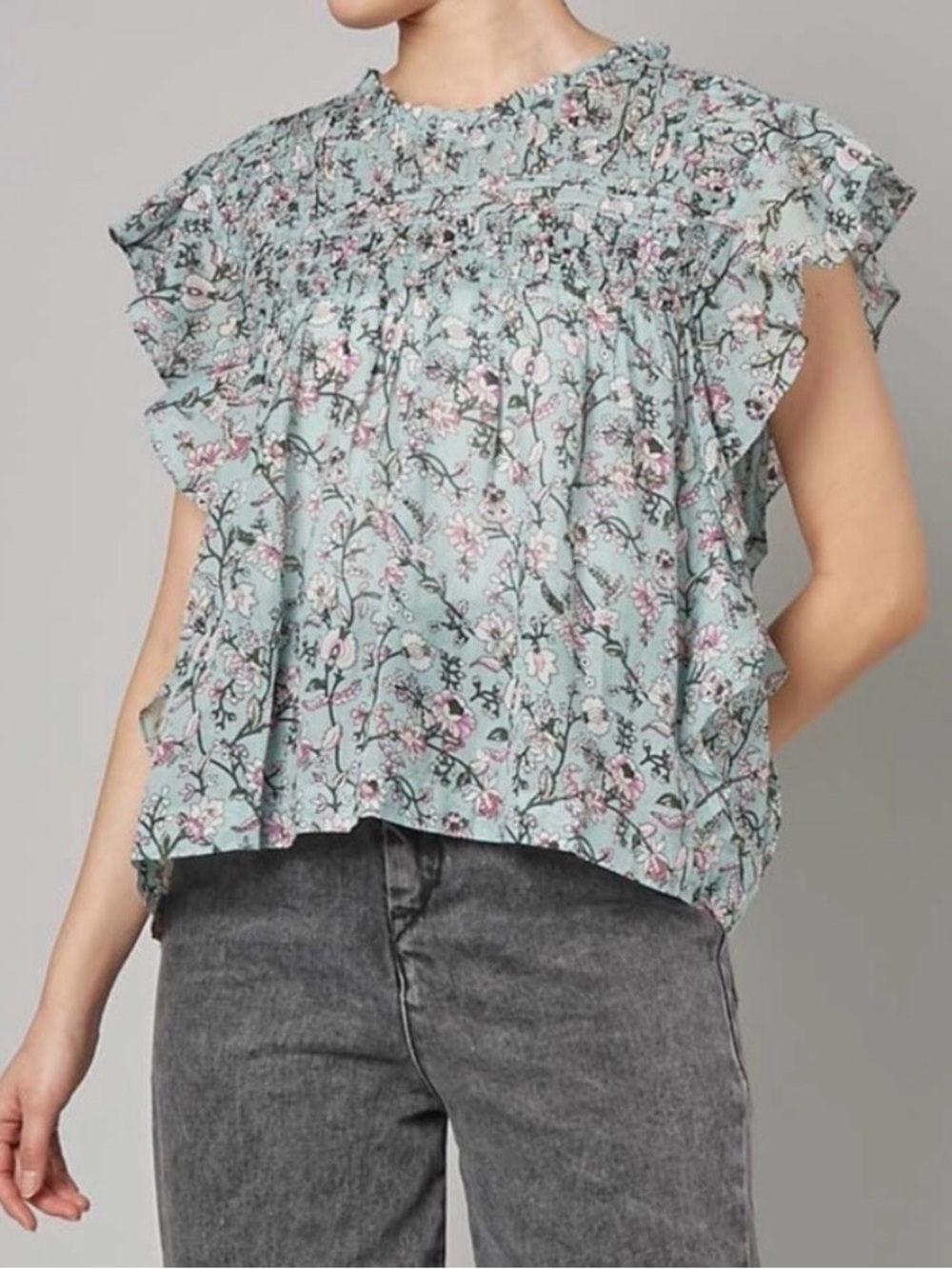 Isabel Marant Latina Pale Green Floral Ruffle Smocked Blouse 36 XS-S